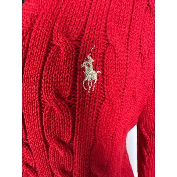 Ralph Lauren Size XL Women's Cable Knit V-Neck Sweater Fisherman Gold Pony Red - Picture 4 of 11